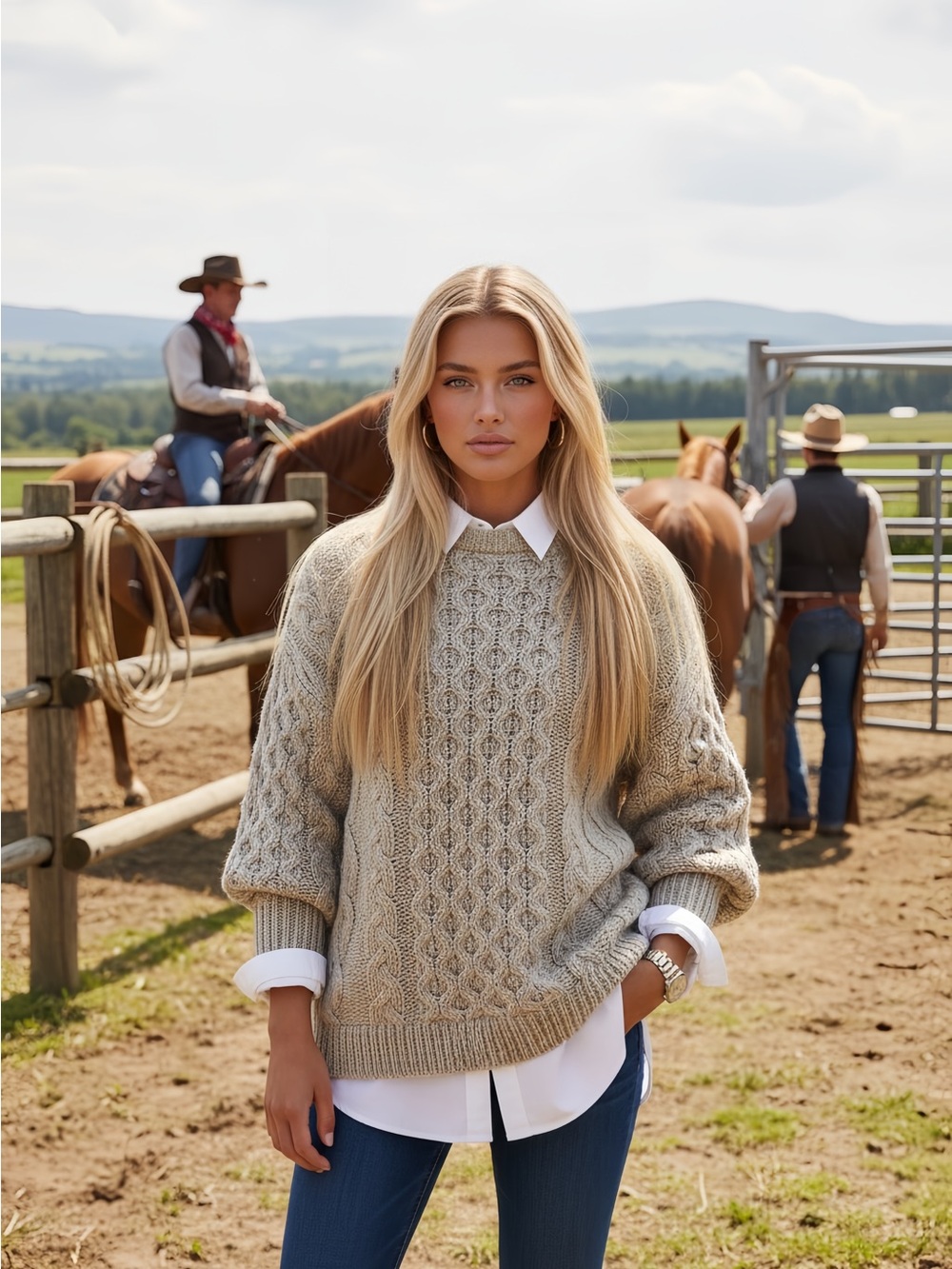 Aran Islands Handcrafted Cable Knit Wool Crewneck Sweater in Cream